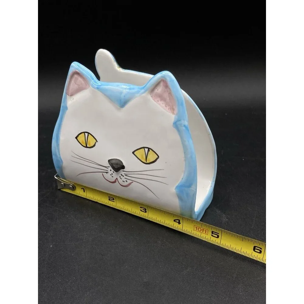 Pier 1 Italy Art Pottery Ceramic Cat Napkin Holder Whimsical Kitsch Vintage